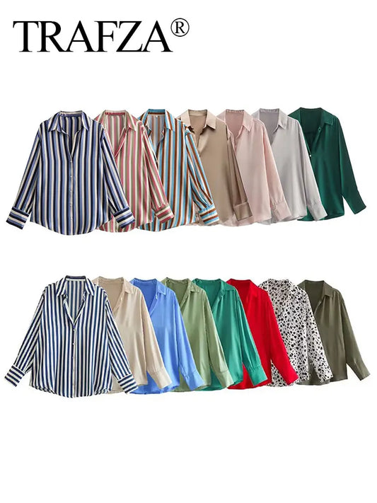 TRAFZA 2024 Spring Autumn Shirts For Women Fashion Satin Multiple Colour Loose Shirt Female Wild High Street Women's Blouses