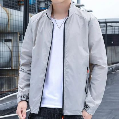 Jackets Men Windbreaker Coats Long Sleeve Pocket Zipper Solid Color Stand-up Collar Elastic Cuff Men Sunscreen Coat Men Clothes