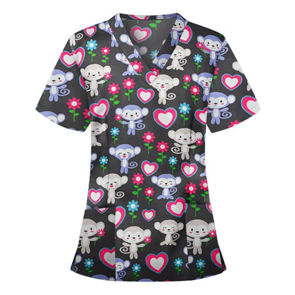 Women Working Uniform Animal Print Cartoon Cat Dog Short Sleeve V-neck Tops Femme Blouse Nurse work wear Medical Uniforms