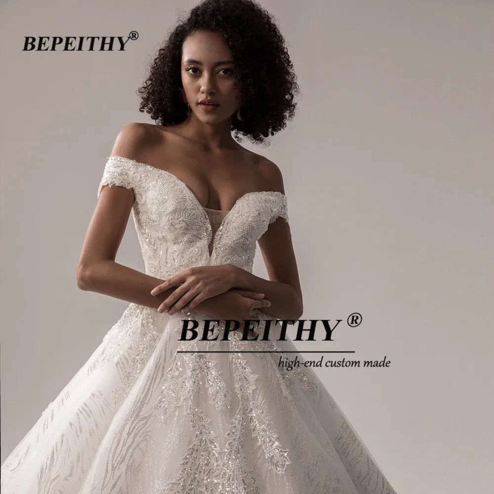 BEPEITHY Off The Shoulder Glitter Wedding Dresses For Women 2022 Ivory Dubai Bridal Dress Luxury Ball Gown For Bride New