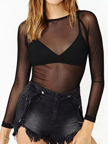 Spring Summer Womens Long Sleeve Sexy Black Mesh Top Blouses Transparent Punk Club Shirt Tees Beach Tops