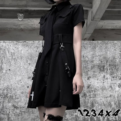 QWEEK Goth Dress Punk Gothic Harajuku Summer Black Mini Dress Shirt Women 2024 Short Sleeve Emo Clothes Mall Goth Dark Academia