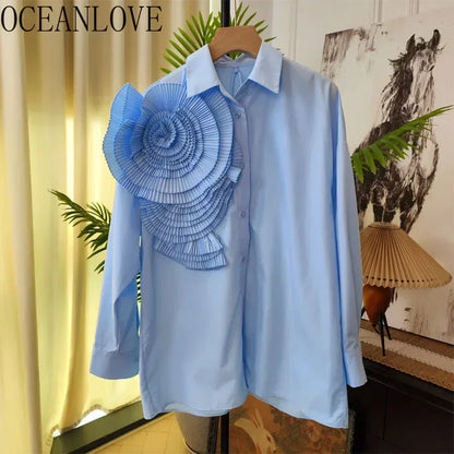 OCEANLOVE Solid Spring Autumn Shirts&blouses 3D Flowers Vintage Korean Fashion Women Tops Elegant Sweet Party Blusas Mujer