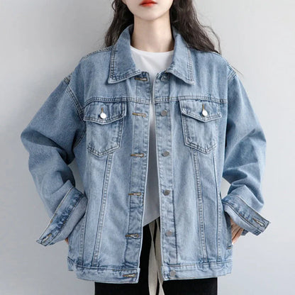 Vintage Women Jacket 2023 Autumn Winter Oversize Denim Jackets Washed Blue Jeans Coat Turn-down Collar Outwear Bomber Jacket