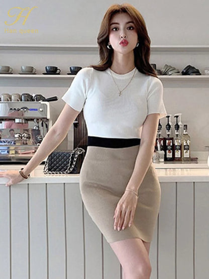 H Han Queen O-neck Colorblock Elegant Pencil Dress Women Simple Slim Elastic Knitted Sheath Bodycon Dresses Office Wear Vestidos