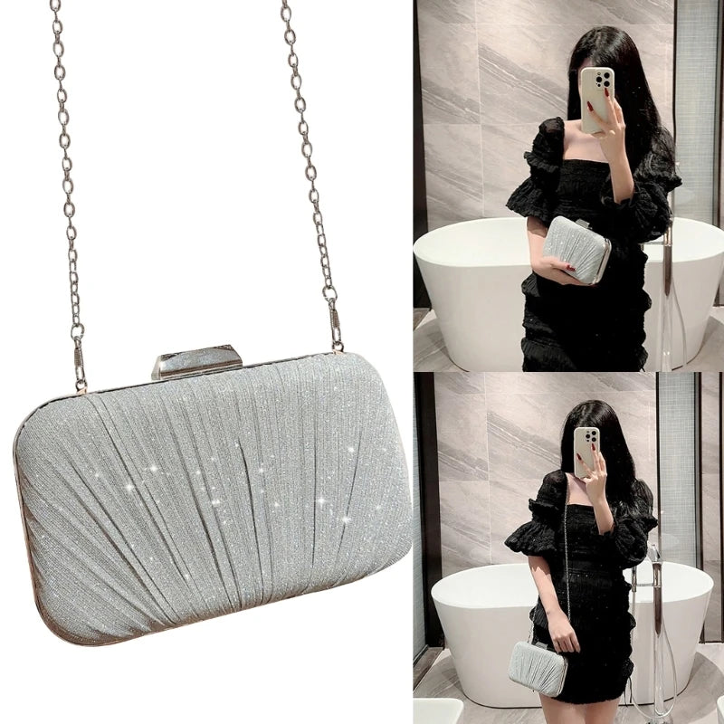 Women Pleated Evening Bag Bridal Clutch Party Prom Wedding Handbag Crossbody Shoulder Bags Detachable Chain Purse 517D