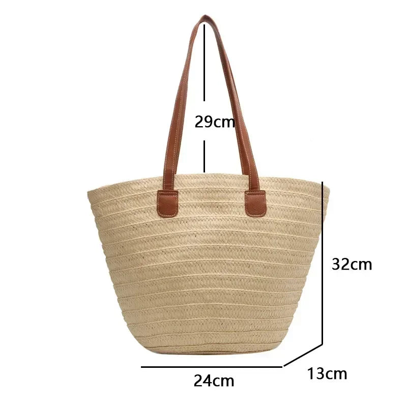 beach bag : Women Braided Basket Clutches Top-handle Bag Large Straw Portable Shoulder Bag Summer Beach Party Purses Shopper Satchel Female