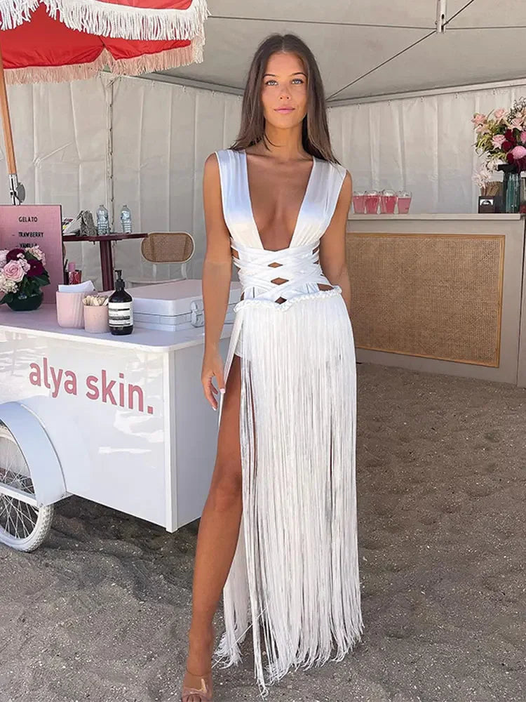 White Bandage Tassel Patchwork Hem Long Dress Women Sexy Off Shoulder Sleeveless Backless Dresses 2024 Lady Beach Party Robes