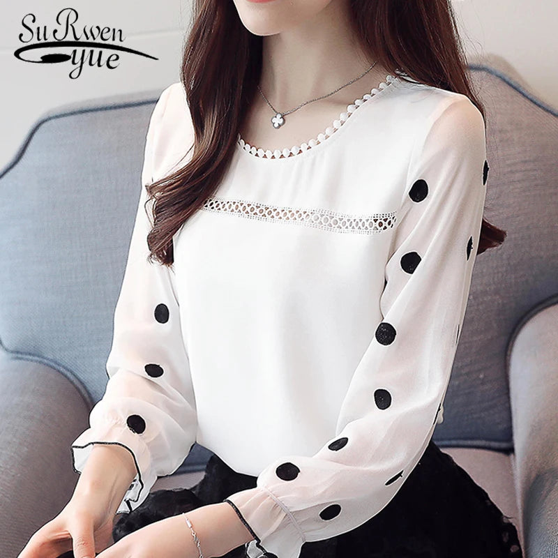 Long Sleeve Women Blouse Shirt Fashion 2023 Chiffon Women's Clothing Sweet O-neck Black Dot White Feminine Tops Blusas D383 30