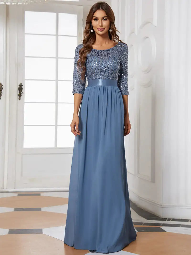 Elegant Evening Dresses A-LINE Chiffon Sleeve Crew Neck 2024 ever pretty of Dusty Navy Simple Sequins Bridesmaid dress Women