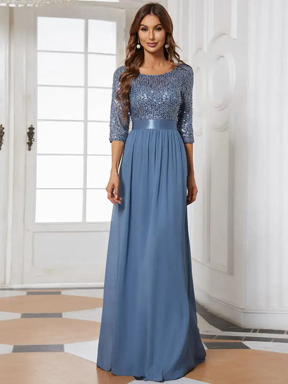 Elegant Evening Dresses A-LINE Chiffon Sleeve Crew Neck 2024 ever pretty of Dusty Navy Simple Sequins Bridesmaid dress Women