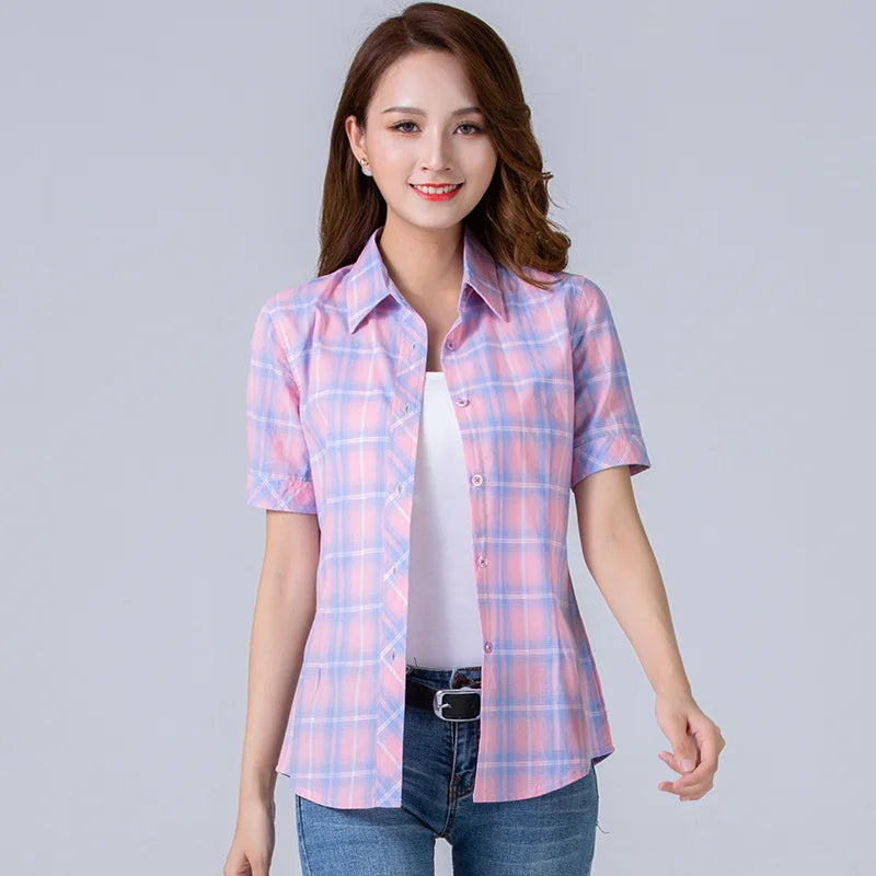 2024 Summer New Fashion Plaid Short Sleeve Shirt Women Summer Blouse Shirt Casual Cotton Tops Fresh Girl Summer Clothing Shirt