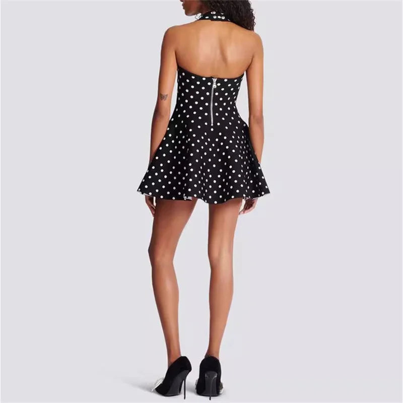 Womens dresses 2024 Summer New Dot Print Hanging Neck Dress Elastic knitted slim sleeveless mini skirt Metal button Long dress