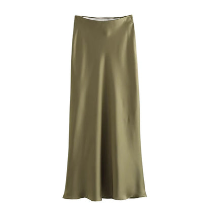 TRAF Satin Midi Skirt Woman High Waist Long Skirts For Women New Fashion 2023 Autumn Casual Elegant Party Women's Skirts