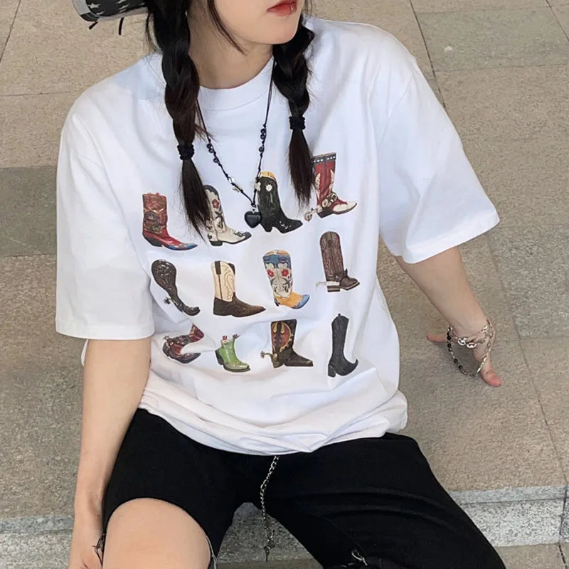 Boot Western T-Shirt Women Summer Loose Vintage Boho Texas T Shirt Cowgirl Cowboy Cute Graphic Tees Hippie Tshirts Retro