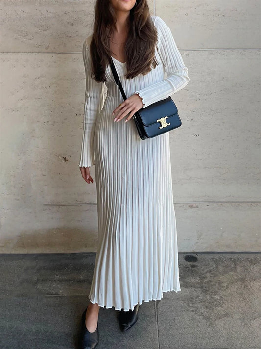 Tossy Autumn New V-Neck Knit Maxi Dress Women Ribbed Elegant Long Sleeve Streetwear High Waist Pleated Dresses Ladies Knitwear