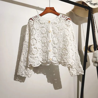 Lace Small Shawl Cotton Cardigan female 2023 spring and summer o neck long sleeve solid casual Versatile Hollow Cardigan Female