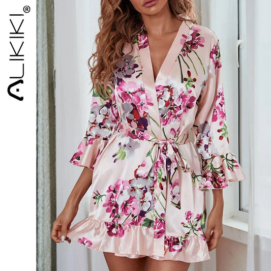 Women's Pajamas Floral Print Bathrobe With Belt Sexy Night Gowns Dress Satin Nightdress Sleepwear Home Clothes For Women