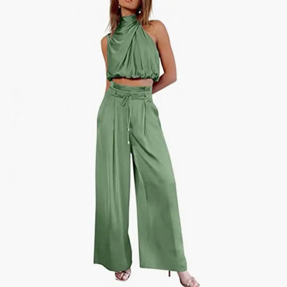 Women Cro Top Pants Set Sleeveless High Collar Pleated Short Top Drawstring High Waist Wide Leg Loose Trousers Set