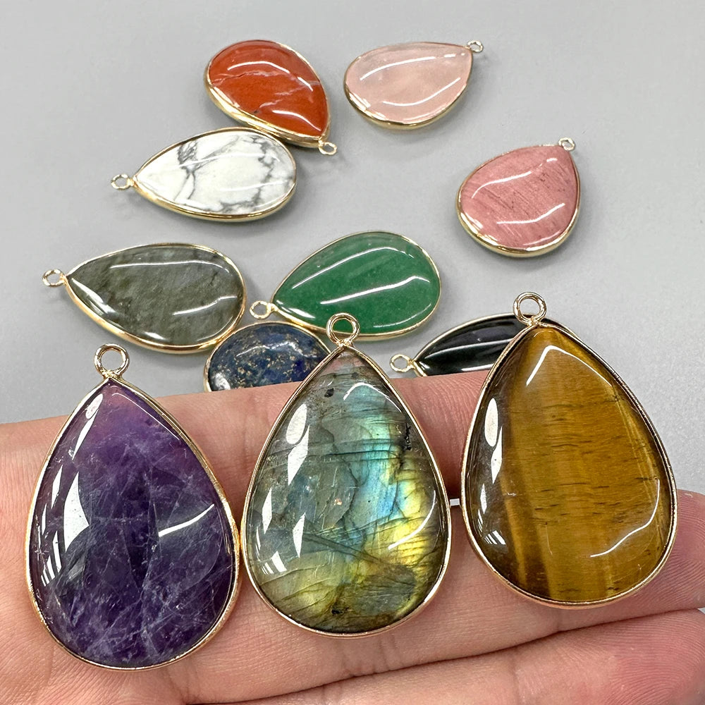 Gold Color Metal Border Natural Stone Pendant Water Drop Shape 26x35MM Quartz Crystal Gem Pendant For Handmade Necklace Diy