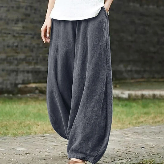 Spring Summer 2023 Cotton Linen Style Bloomers Wide Leg Pants Women Vintage Full Length Elegent Pants Solid Elasitic Waist S-5XL