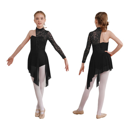 Kids Girl One Shoulder Lyrical Modern Dance Dress Lace Asymmetric Split Ballet Gymnastics Figure Skating Leotard Dress Dancewear