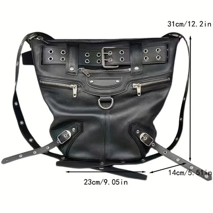 High Street Vintage Handbag Women New Rivet Large Capacity Casual Crossbody Bags Ladies Moto Biker Black Messenger Bag