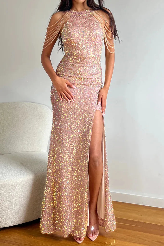 YIDINGZS Off Shoulder Beading Gold Sequin Dress Long Party Dress Women Sexy Evening Dress