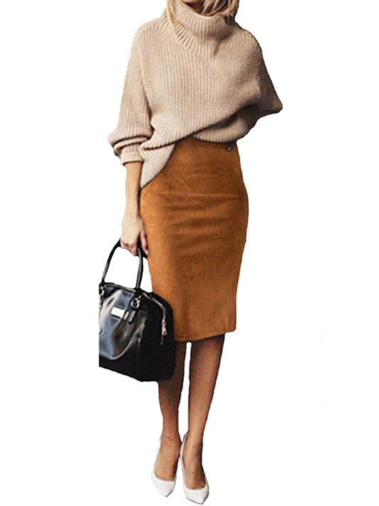 Sexy Multi Color Suede Midi Pencil Skirt Women 2024 Fashion Elastic High Waist Office Lady Bodycon Skirts Saias