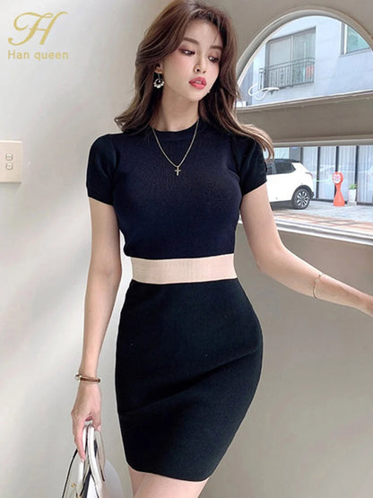 H Han Queen O-neck Colorblock Elegant Pencil Dress Women Simple Slim Elastic Knitted Sheath Bodycon Dresses Office Wear Vestidos