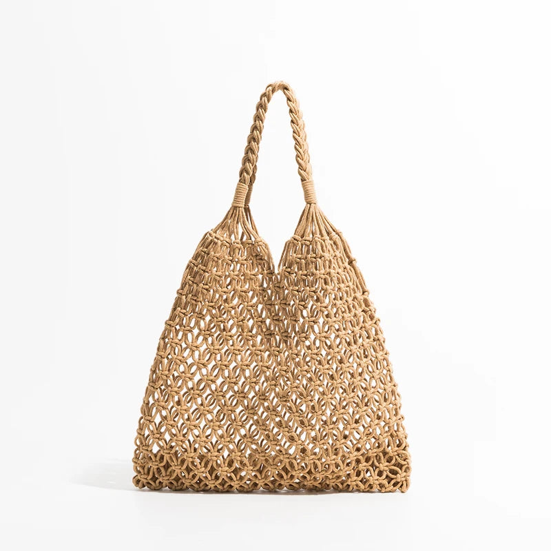 MABULA Elegant Straw Woven Shoulder Hobo Purses Fishing Net Handmade Beach Travel Handbag 2022 Summer Shopper Grocery Bags