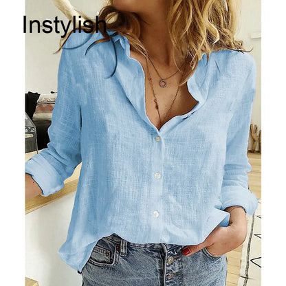 Women Casual Long Sleeve Cotton Linen Loose Shirt Elegant Solid Harajuku Lapel Blouse Vintage Oversize Tops Y2K Streetwear Tunic