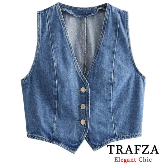 TRAFZA Vintage Classic Denim Vest Jacket Women's Cowboy Field Style Sleeveless Vests New 2024 Summer Fasion Casual Vest