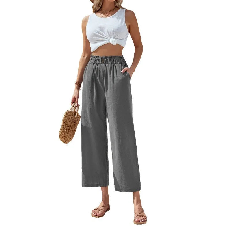 Women Cotton Linen Loose Wide Leg Pants Summer Female High Elastic Waist Button Solid Streetwear Trousers WYLP-M30