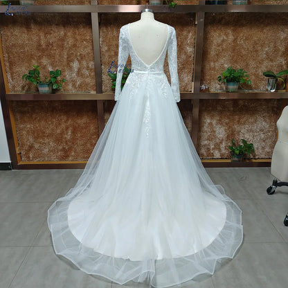 Romantic A-line Wedding Dress 2023 For Women Grace Flowers Embroidery Bridal Gowns Long Sleeves Bride Split vestido de noiva