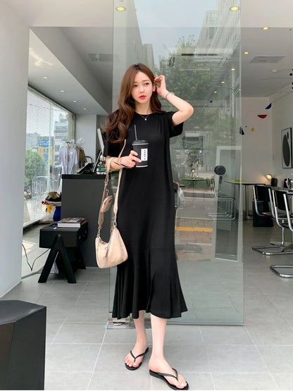 NYFS 2024 Summer New Korea Solid Woman Dress Vestidos Robe Elbise Loose Plus Size Short Sleeve Ruffles Long Dresses