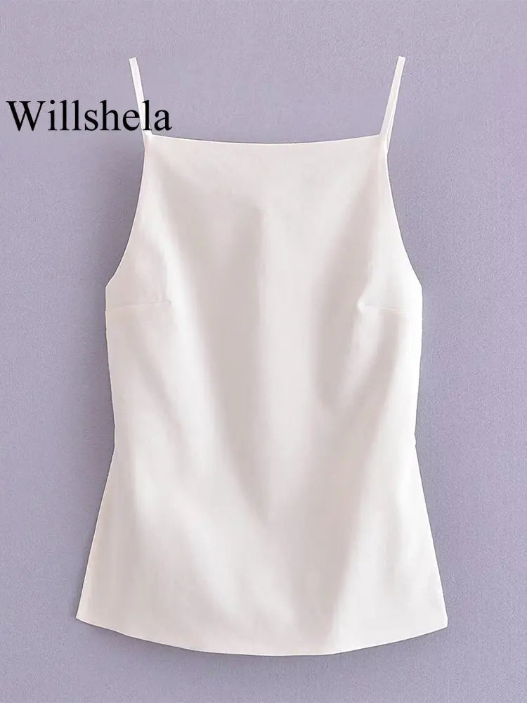 Willshela Women Fashion Solid Lace Up Backless Camisole Vintage Thin Straps Square Collar Female Chic Lady Tops