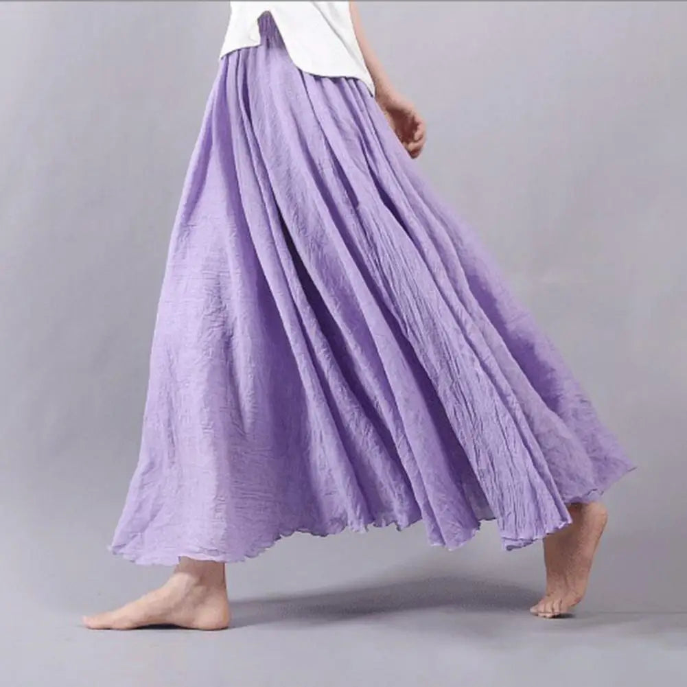 Ethnic Style Women Casual Maxi Skirt Elastic Waist Solid Color Long Skirt Large Flowy Hem A-Line Skirt Streetwear