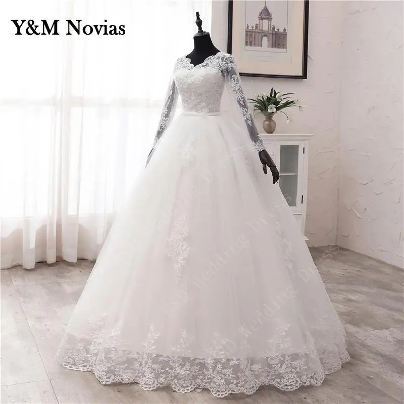 New Spring Lace Appliques Wedding Dresses Long Sleeve Vestidos De Novia 2023 White V-Neck Princess Bride Wedding Gowns Plus Size