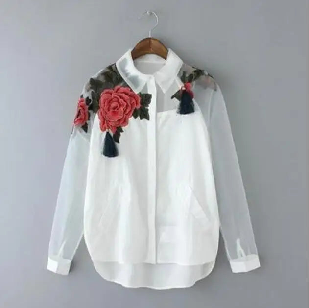 Women Fashion Blusas Elegant Organza Flower Embroidery Long Sleeve Shirt Blouse Casual Tops Plus Size S-3XL