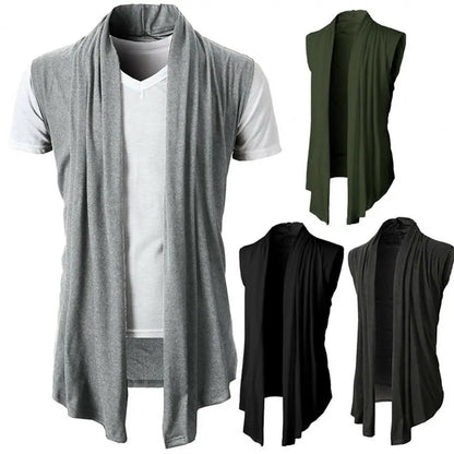 Stylish Men Cardigan Sleeveless Breathable Pure Color Pleated Coat  Spring Autumn Cardigan Jacket for Daily Wear