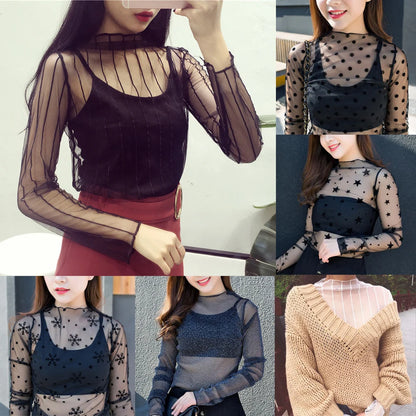 Black Sexy Women's T-shirt Fishnet Sheer Transparent Top Women Long Sleeve Bottoming Shirts Lace Mesh Tees Summer Sunscreen Tops