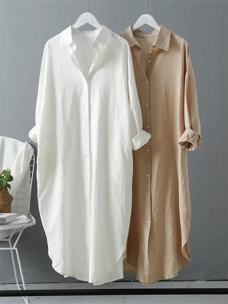 Women Long Sleeve Long Shirt Dress Spring Summer Casual Buttons Loose Clothes Robe Femme Vestido