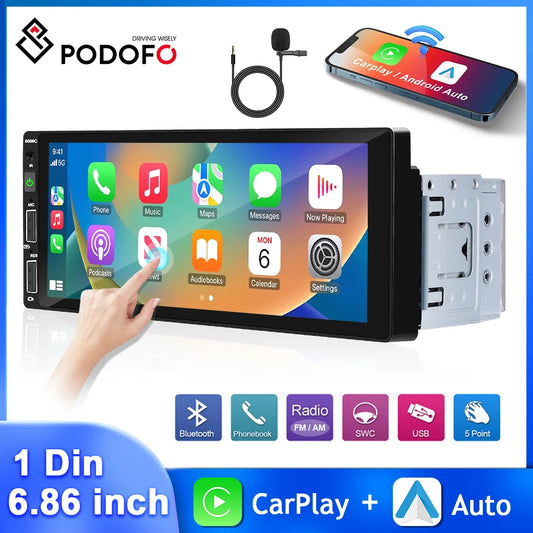 Podofo 6.86'' 1Din MP5 Car Radio Multimedia Player Wireless Carplay Android Auto Bluetooth Rearview Camera Universal Car Stereo