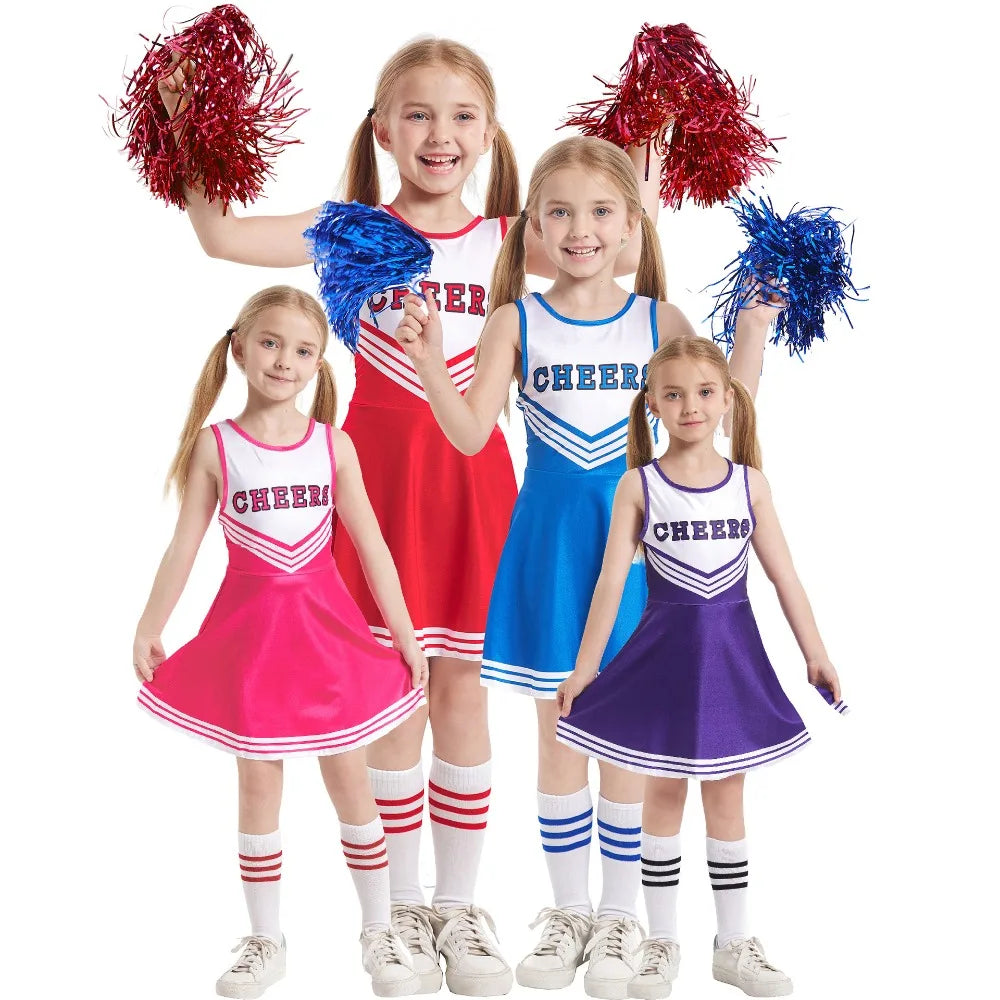 Sleeveless Cheerleader Short Skirt 2 PCS Set Girls Kids Party Holiday Cute Dress Homecoming Season Sport Performance Uniform Pom