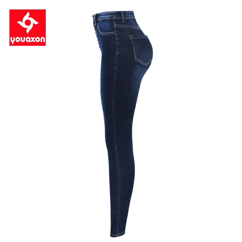 2141 Youaxon New Warm High Waist Jeans For Women Stretchy Dark Blue Button Fly Denim Skinny Pants Trousers