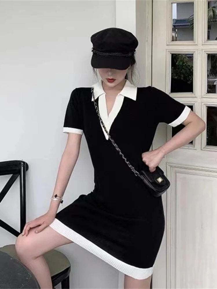 POLO Collar Short-sleeved Knitted Black Dress Summer New Hit Color Straight Loose V-neck T-shirt Short Skirt Base Layer Shirt