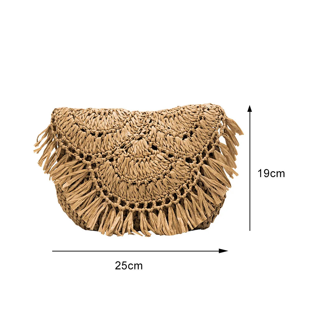 Summer Tassel Straw Shoulder Bag for Women Paper Rope Hook Hand-woven Casual Handbags Beach Travel Girls Crossbody Flap Bags