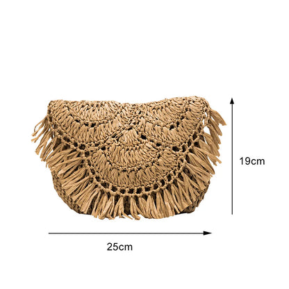 Summer Tassel Straw Shoulder Bag for Women Paper Rope Hook Hand-woven Casual Handbags Beach Travel Girls Crossbody Flap Bags