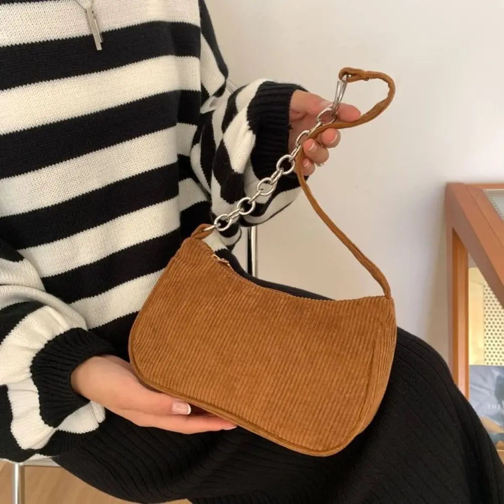 Fashion Vintage Women Handbags Corduroy Underarm Bag Casual Women Shoulder Bags Solid Color Zipper Female Handbag Clutch